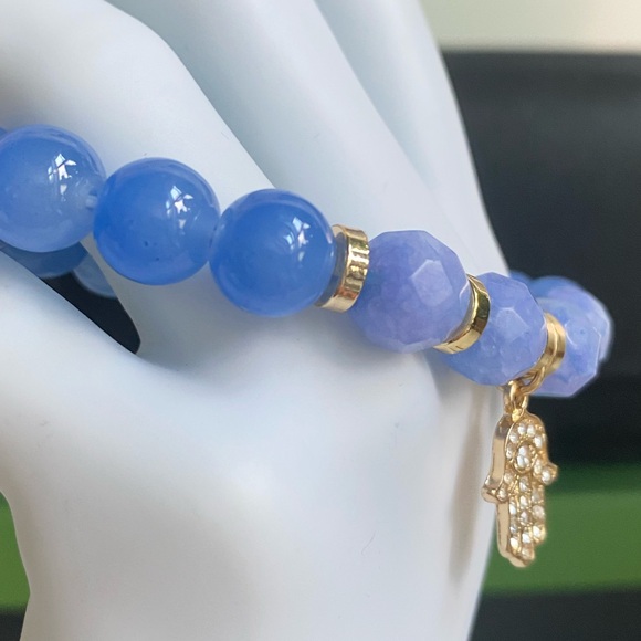 Blue Agate & Blue Chalcedony Stretch Bracelet w/Gold Pave Rhinestone Hamsa Charm - Picture 4 of 8